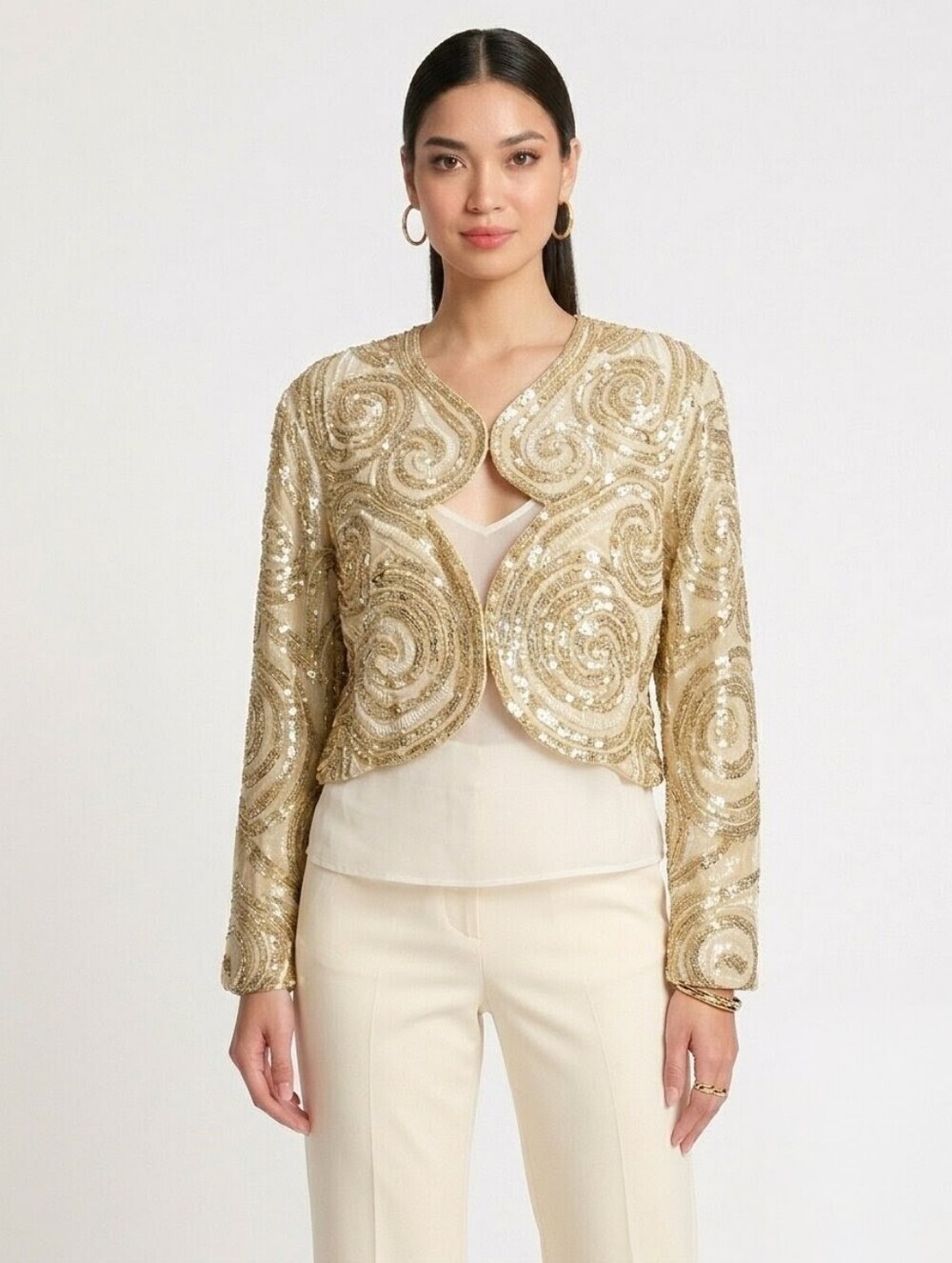 George F. Couture Vintage Sequin Gold White Bolero Jacket